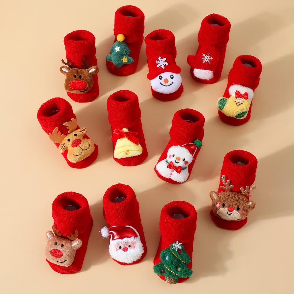 Meias De Natal Para Bebês 3D Santa Rena Boneco De Neve Xmas Tree Bell Decor Quente Forrado De Lã Antiderrapante Chão De