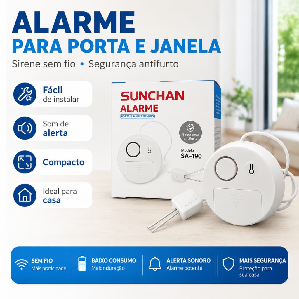 Alarme Porta Janela Sem Fio Antifurto Sirene Sensor Magnético Segurança Residencial Branco Fácil Instalação Casas