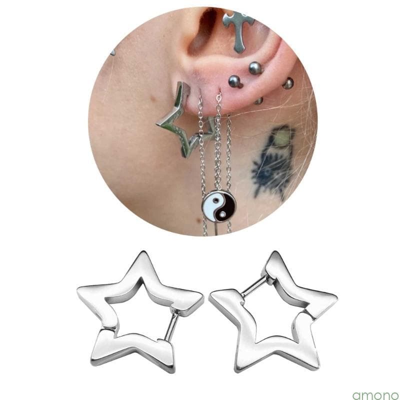 Amon Minimalista Estrela Brincos Punk Hoop Joias Aço Inoxidável