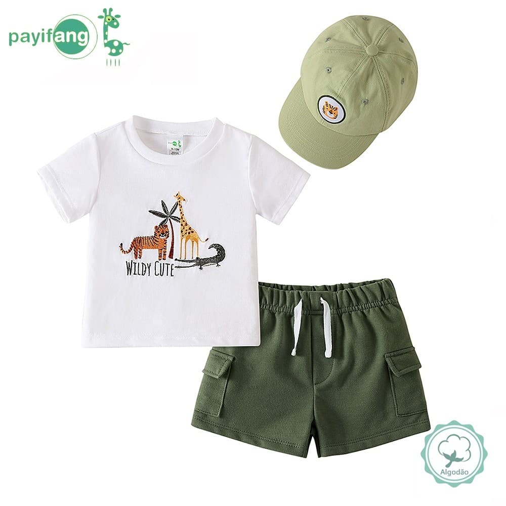 Conjunto Infantil Menino 3 Peças Camiseta Shorts Boné Verão Roupa Casual Estampa Animal
