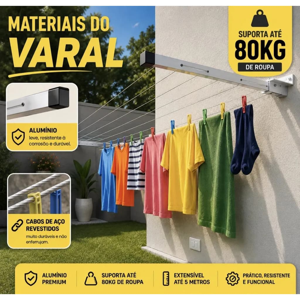 Varal de Roupa Reforçado Cromado com 2 Hastes e 4 Metros