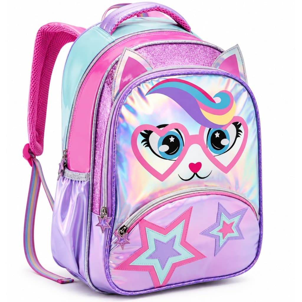 Mochila Escolar De Alças Gatinha Holográfica Feminino Infantil
