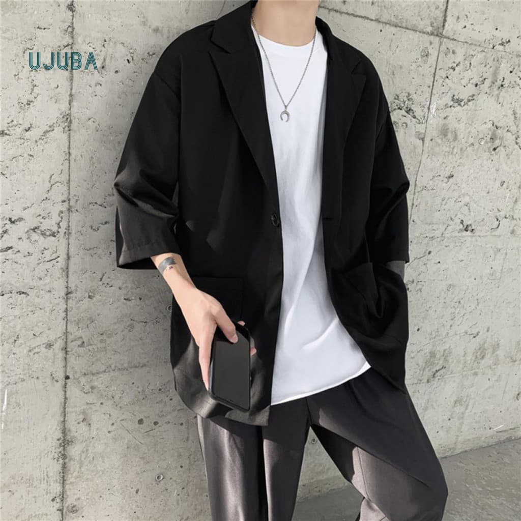 Modern Men Spring Outerwear Single-button Lapel Suit Coat Men's Summer Jacket Solid Color 3/4 Sleeve Loose Fit Blazer fo