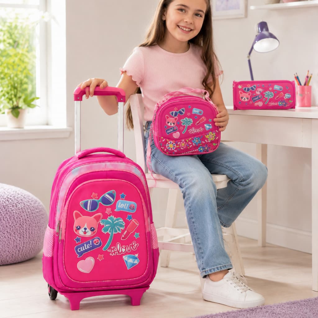 Kit Mochila De Rodinhas Estojo e Lancheira Térmica Mochila Escolar Menina Infantil Bolsa Grande Rosa