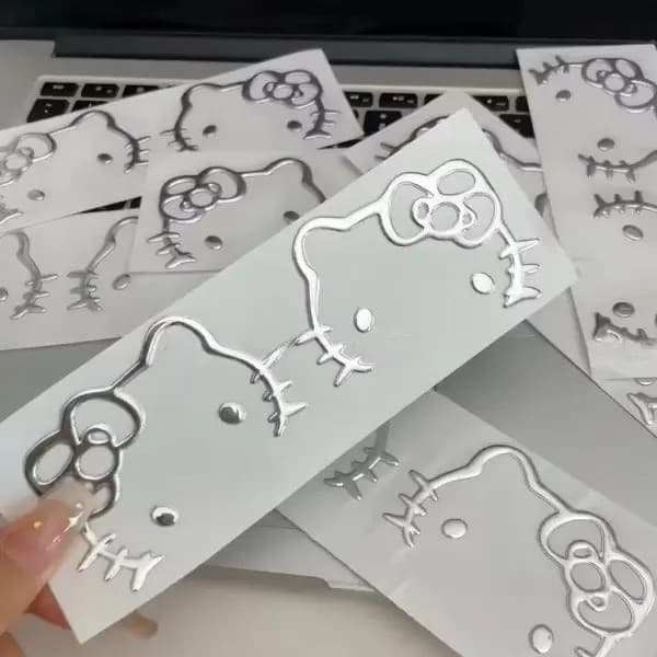 Adesivo decorativo de gatinho 3D fofo, adesivo prateado para celular e computador.