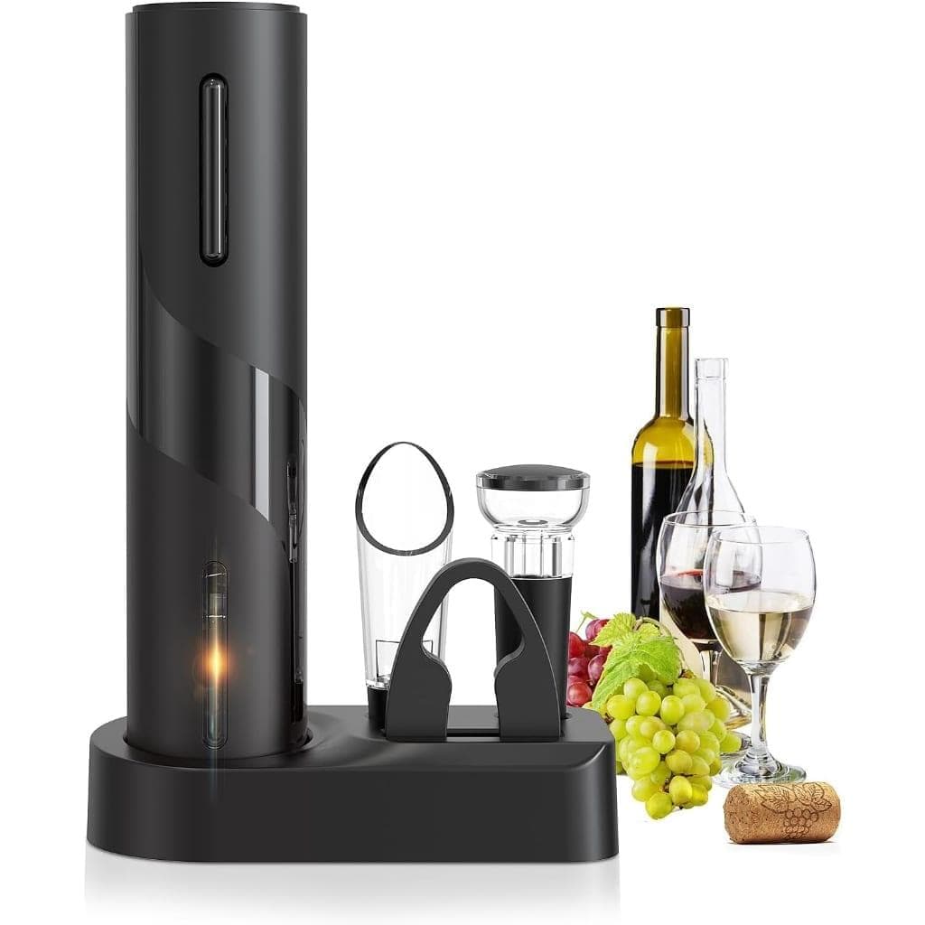 Kit Saca-Rolhas Elétrico Recarregável USB-C com Base Organizadora, Acionamento por Botão e Acessórios para Vinho