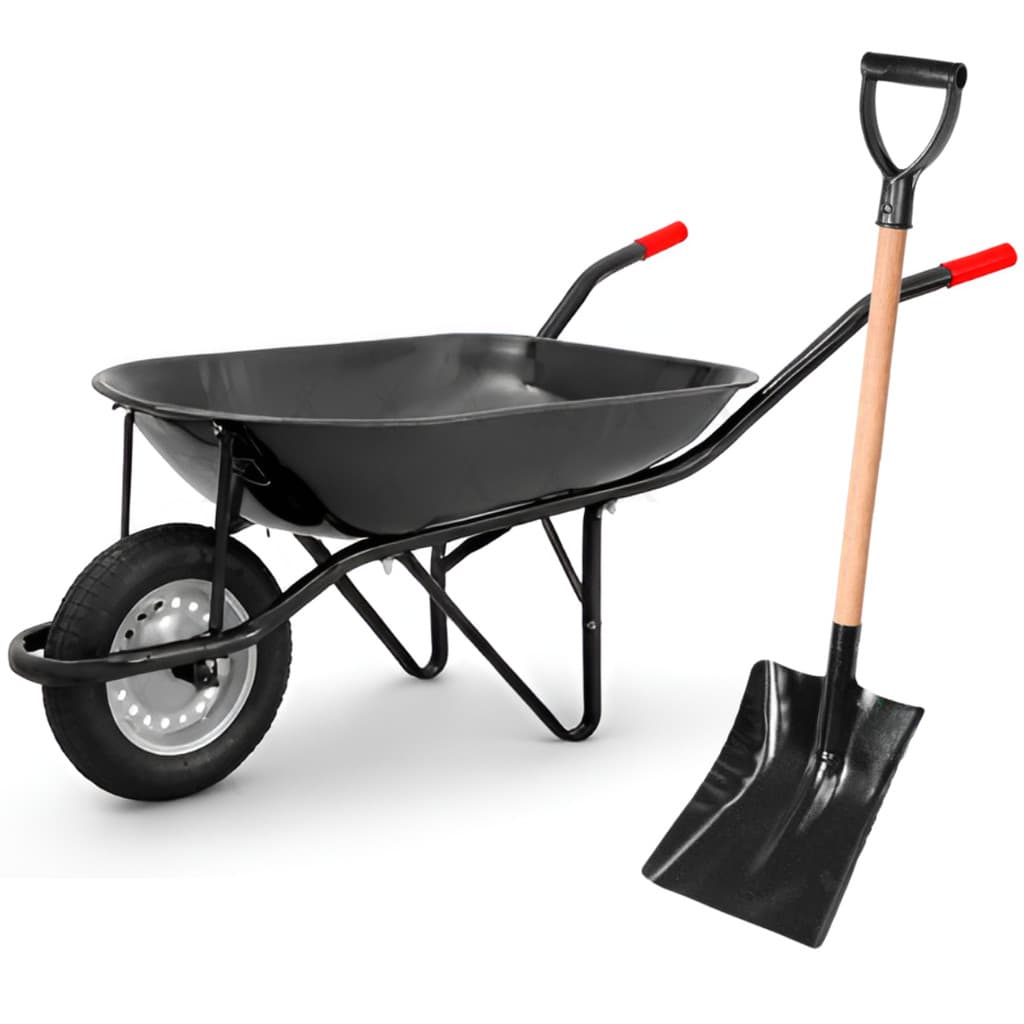Kit Carrinho de Mão Reforçado De Obra 65L Pneu Câmara + Pá quadrada Cabo Y Pedreiro Construção