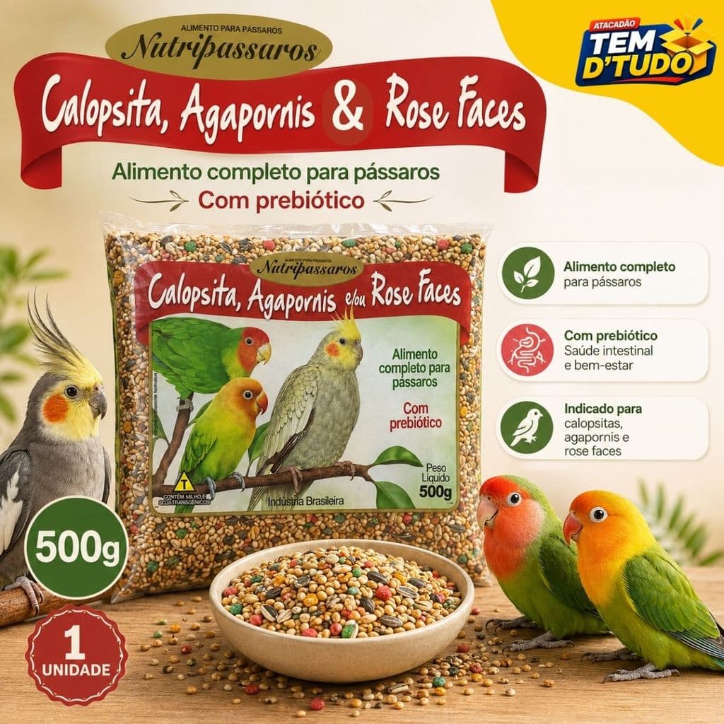 Ração Calopsita e Agapornis Rose Faces Nutripássaros Alimento Completo Mistura de Calopsita 500g