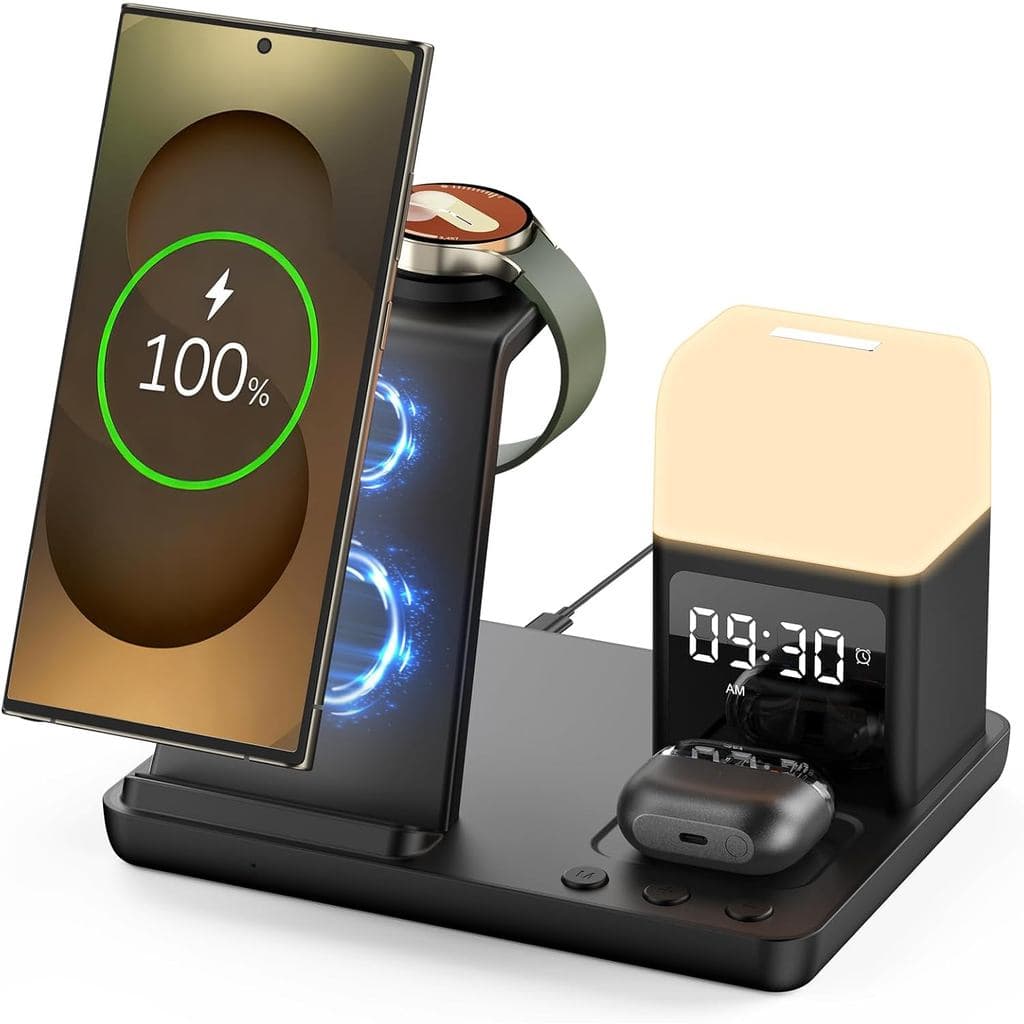 Carregador Sem Fio para Samsung/Android, Estação de Carregamento 6 em 1 com Relógio Despertador/Luz Noturna para Samsung