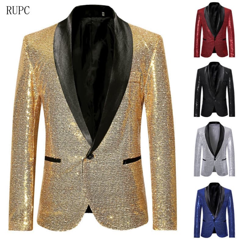 Blazer Formal Masculino com Lantejoulas Brilhantes, Manga Longa, Corte Slim, Jaqueta de Luxo para Casamento, Banquete e