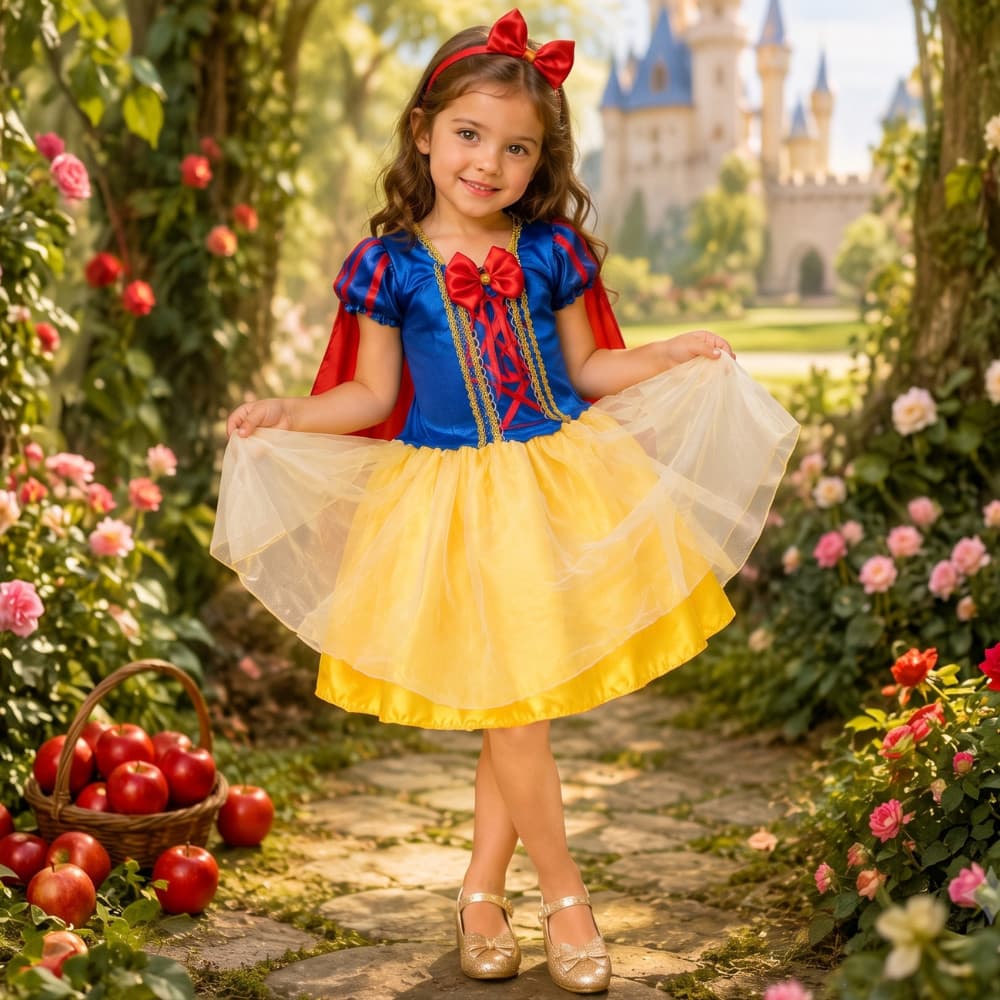Vestido Fantasia Princesa de Luxo  Branca de Neve Curta