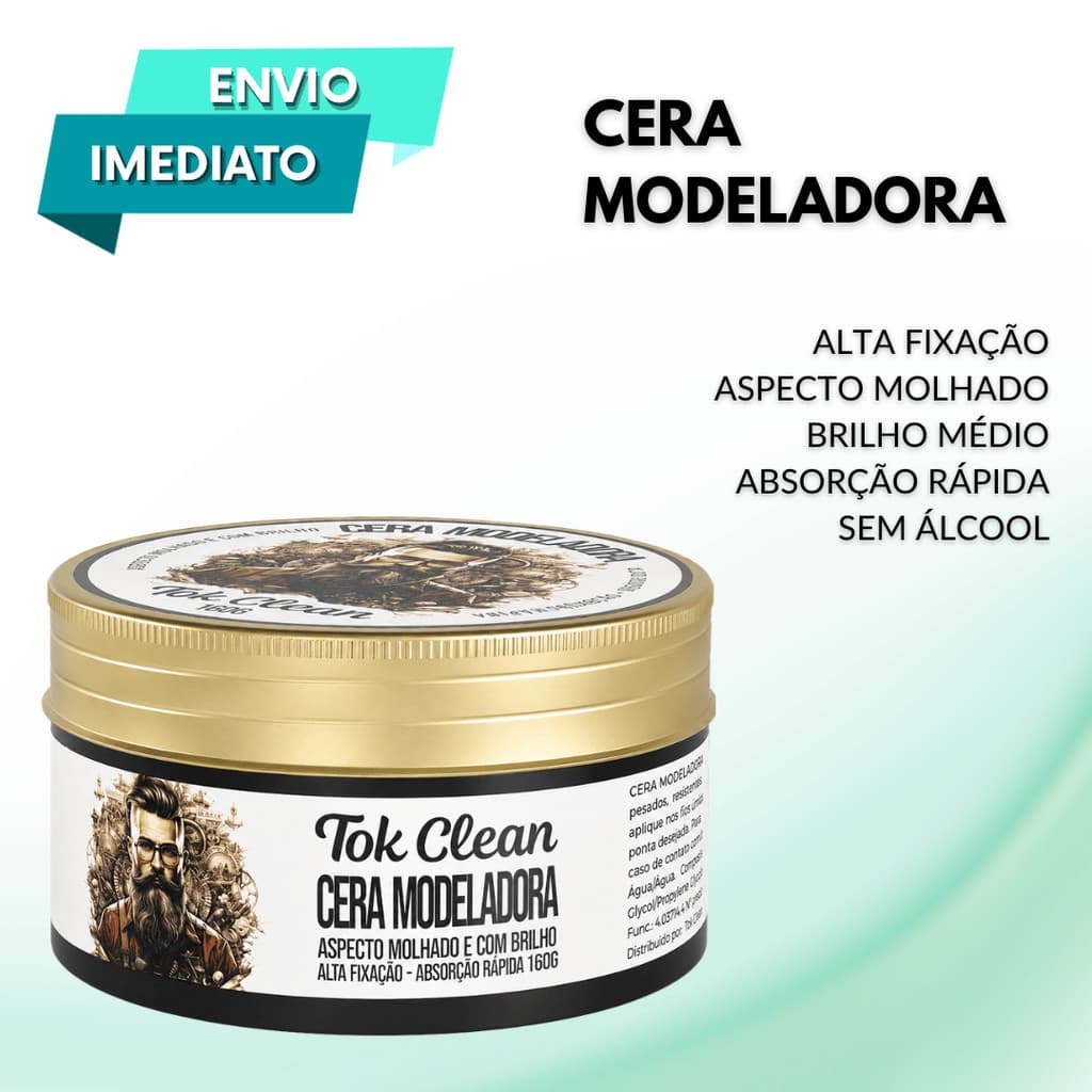 KIT Cera Modeladora Tokclean 160g Com Brilho Efeito Molhado Sem Álcool Etílico Proteção UV Brilho Médio