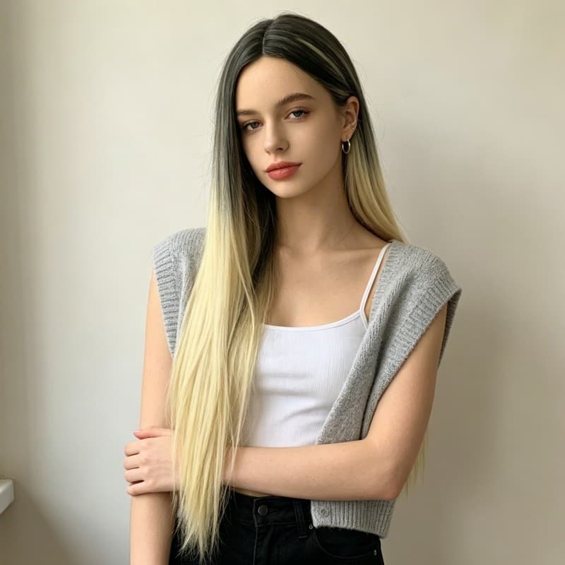 Peruca feminina diária gradiente médio longo mecanismo de cabelo reto simulação cabelo arnês completo