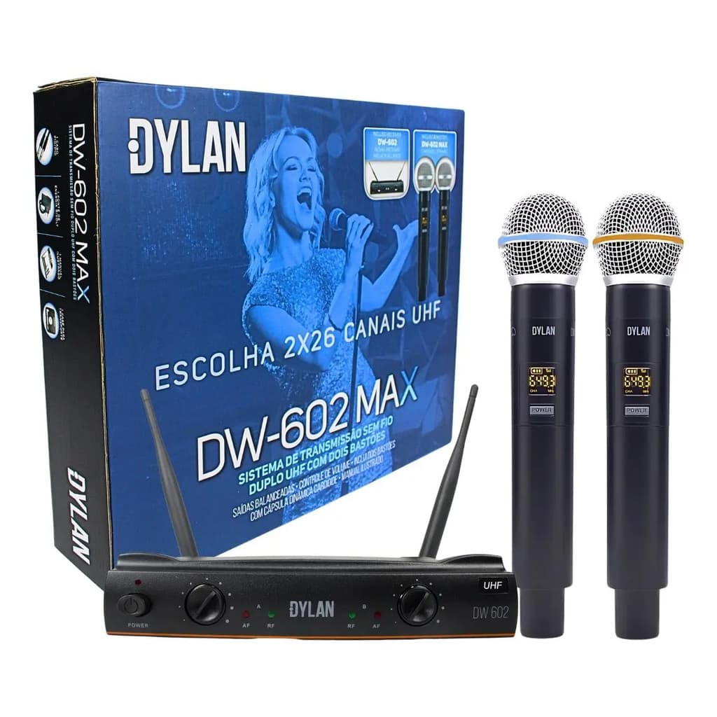 Microfone Sem Fio Duplo Dylan DW602 Max UHF Profissional 26 Canais com Microfones de Mão para Shows, Igrejas e Eventos
