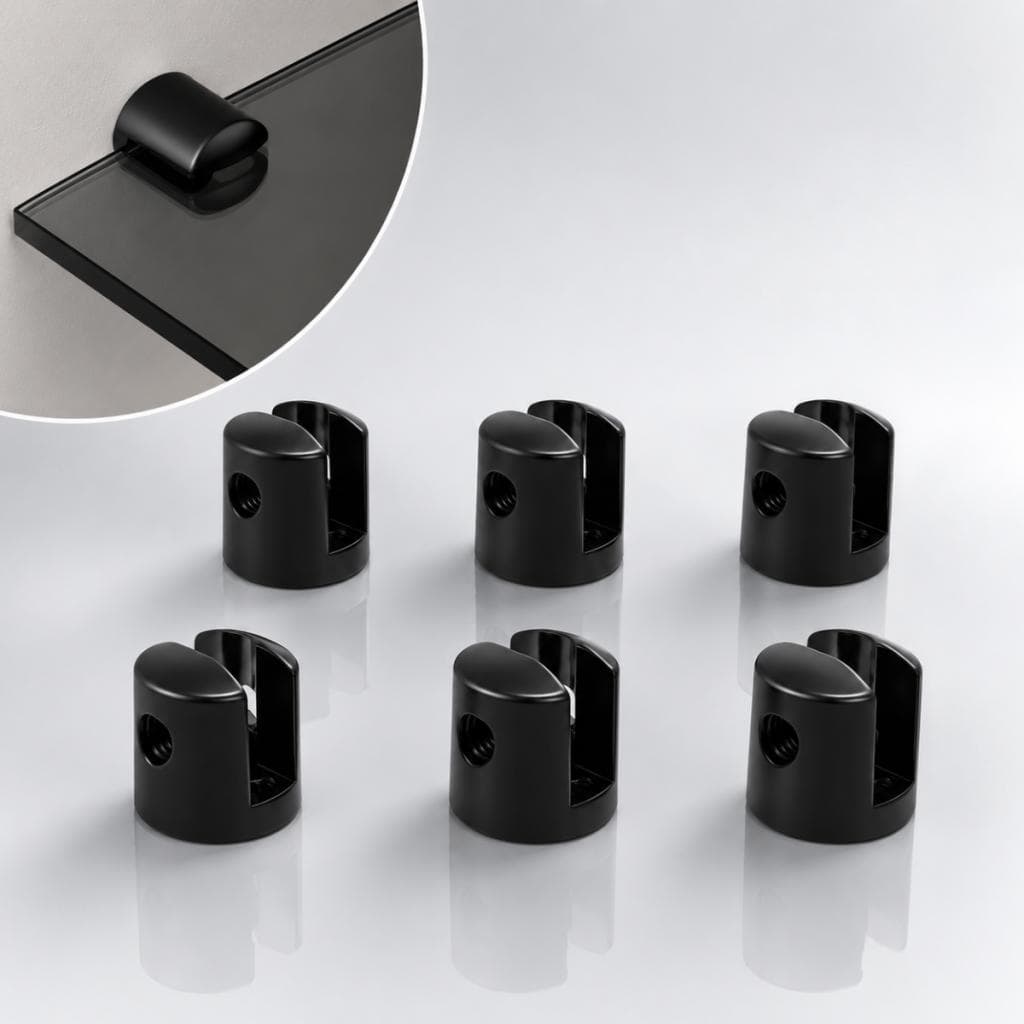 Kit 06 Suportes Fenda Redondo 02 Furos Para Prateleira de Vidro 6mm em Zamac Preto