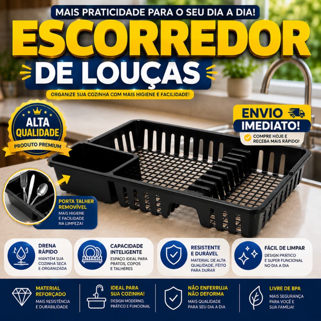 Escorredor de Louças Grande com Porta Talheres Preto Organizador de Pia Cozinha Prático e Resistente