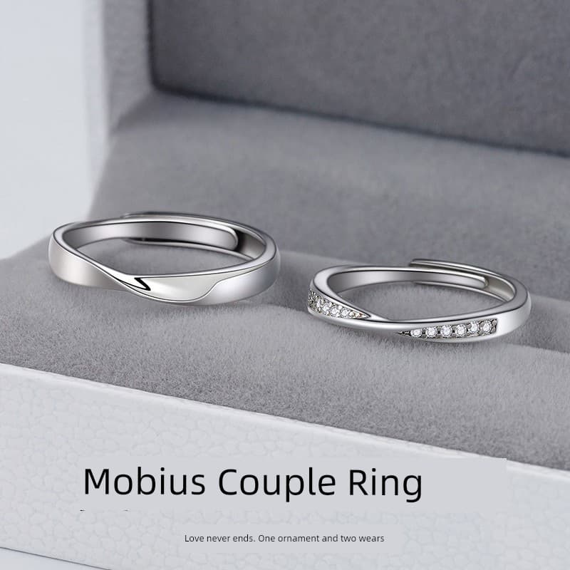 Anel de casal com letras de nicho de prata esterlina Mobius