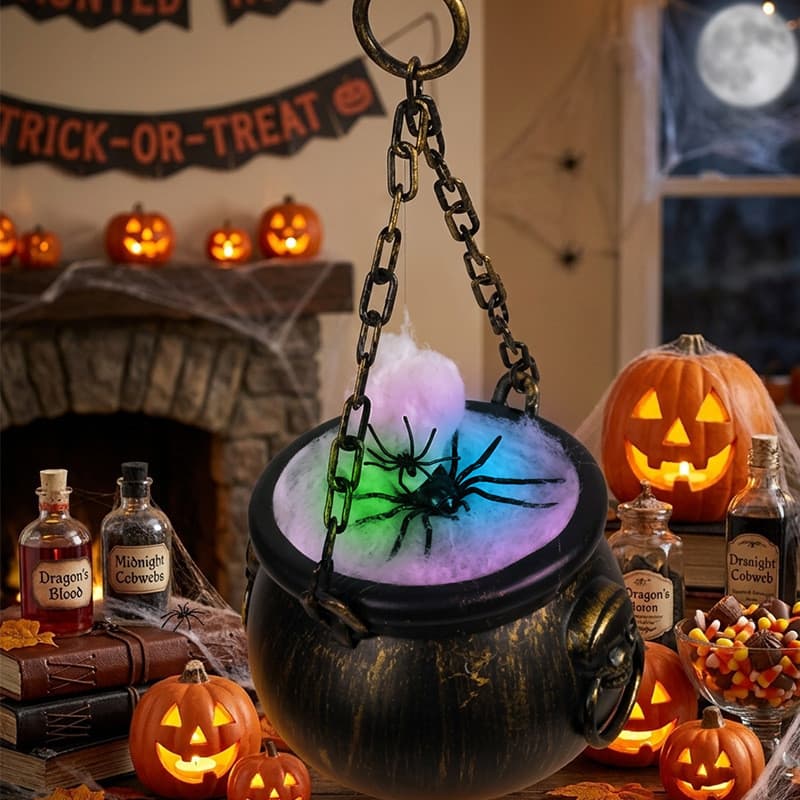 Balde De Caldeirão De Bruxa Aranha Brilhante , Metal Iluminado Para Truque Ou Travessura , Adereço Vintage Festa De Hall