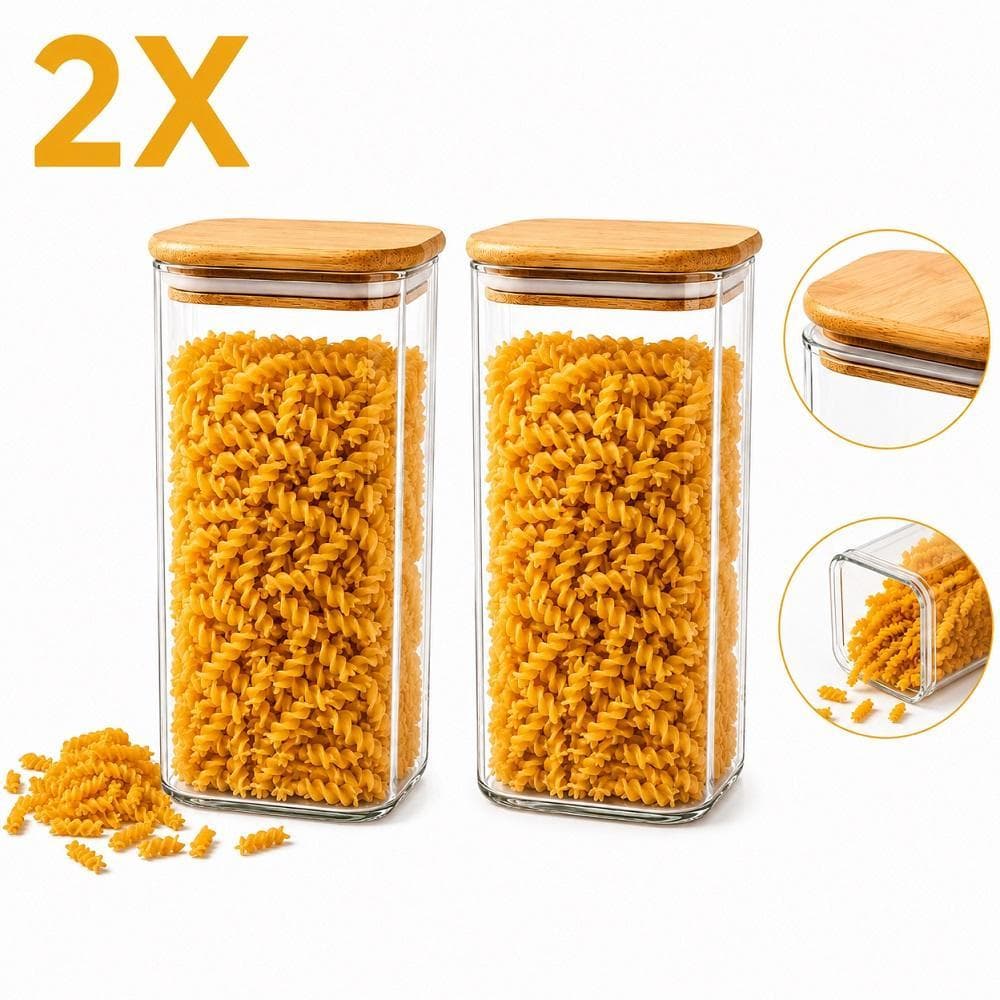 KIT 2 POTES DE VIDRO 1700ML BOROSSILICATO HERMETICOS COM TAMPA BAMBU PARA ALIMENTOS GRAOS MANTIMENTOS ORGANIZADOR