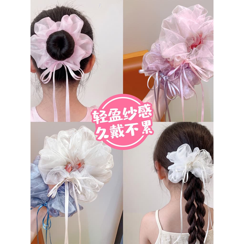 Doce estilo balé Organza laço de cabelo feminino estilo coreano Streamer Scrunchy laço de cabelo elegante bola laço de c