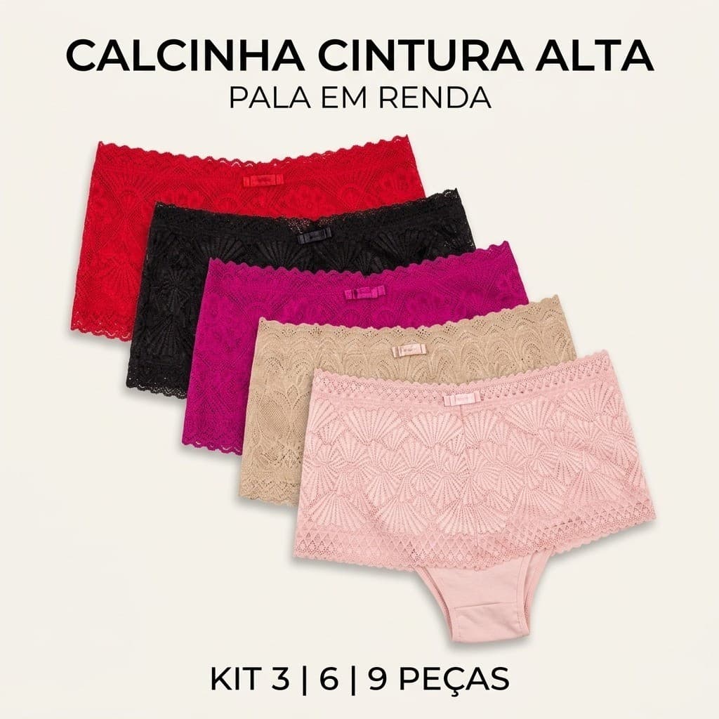 Kit Calcinha Feminina Pala Larga Cós Alto Não Enrola Renda Algodão Tecido Respirável Confortável