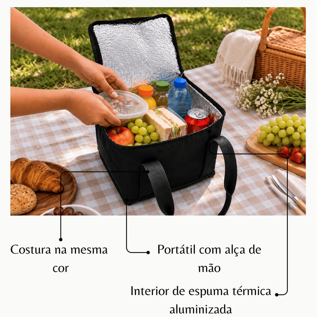 Bolsa Térmica Portátil Reforçada com Alça de Mão em Couro Sintético para Marmita