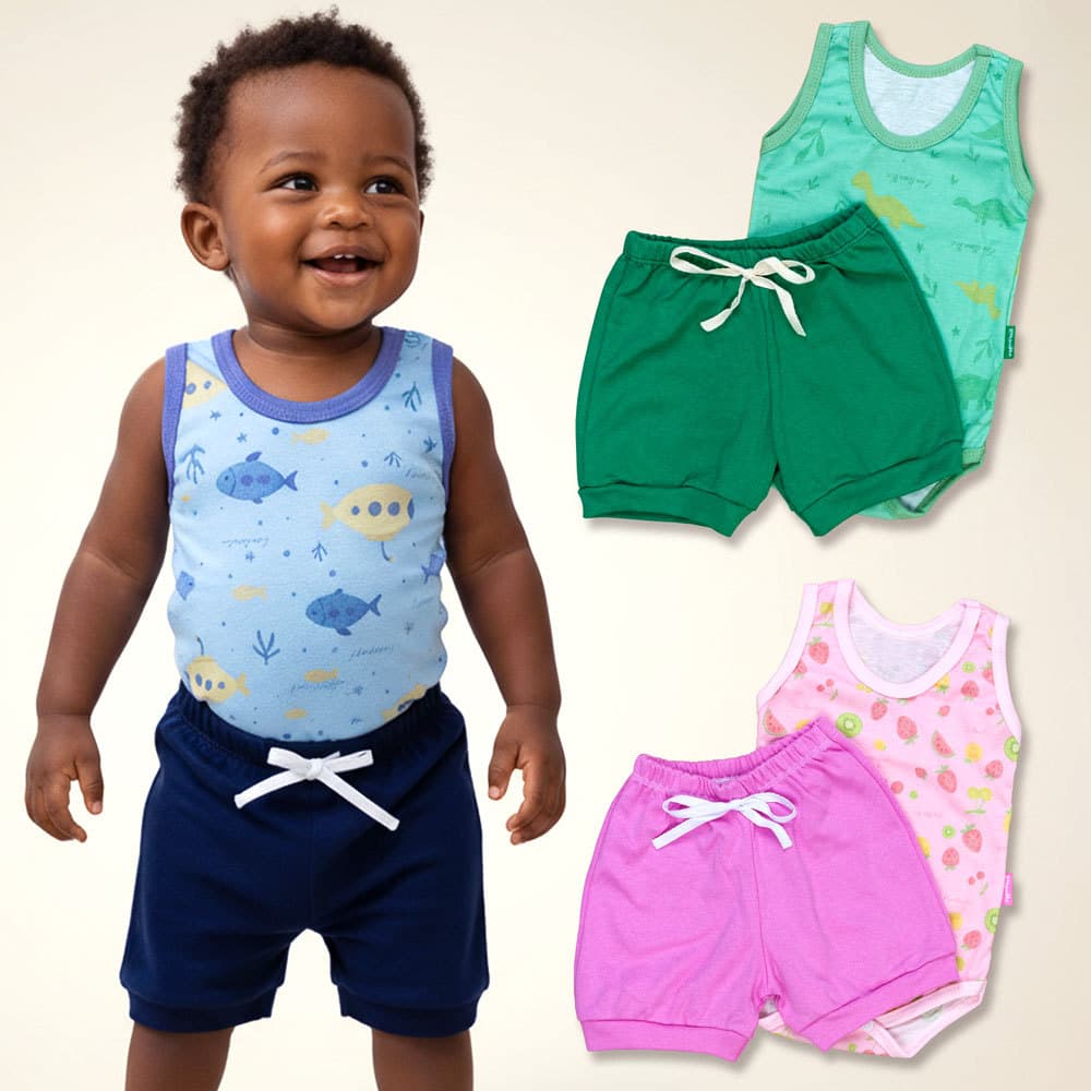 Look Bebê Verão Regata Estampada E Shorts 100% Algodão