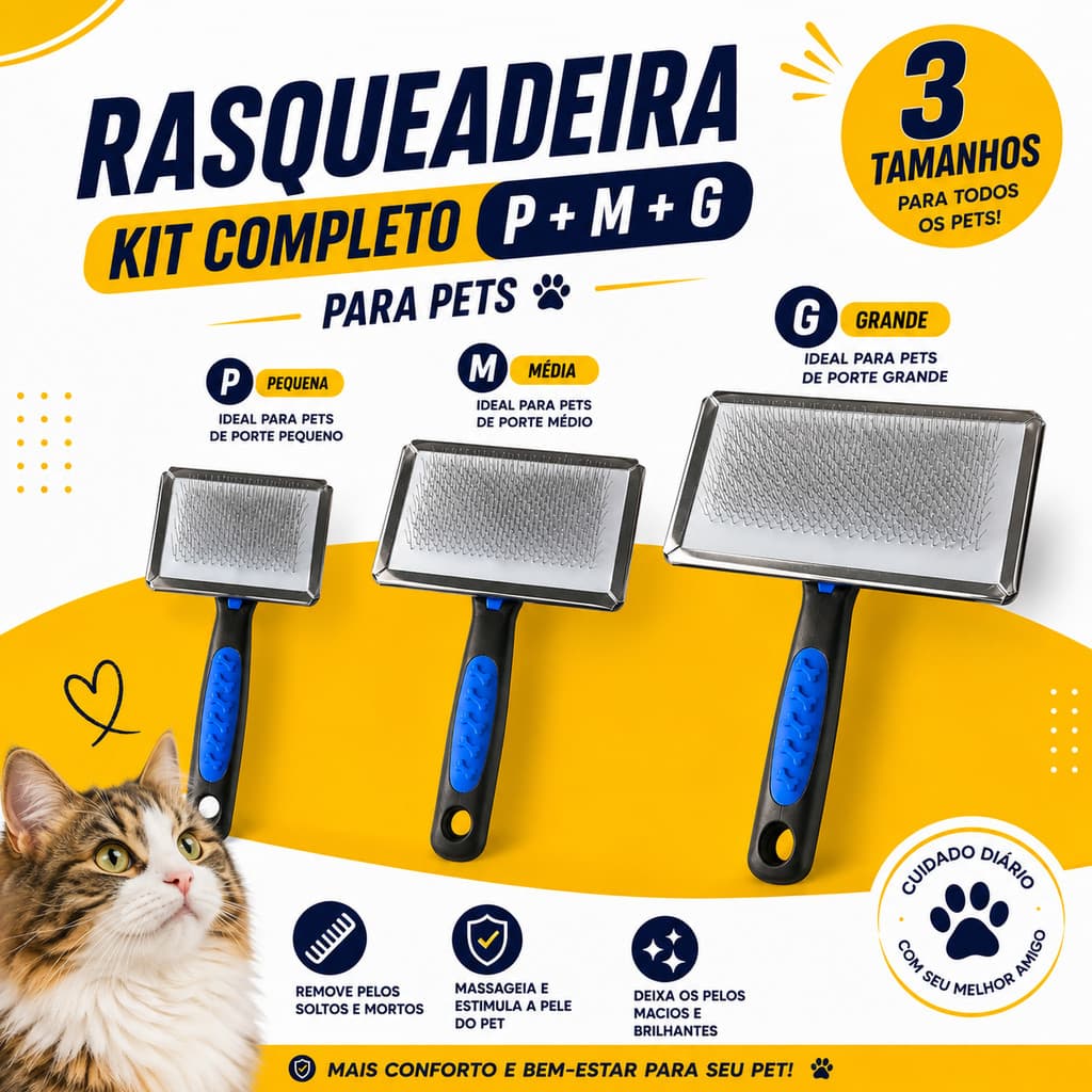 Kit 3 Rasqueadeiras Pet P M G Escova Tira Pelos Cachorro e Gato