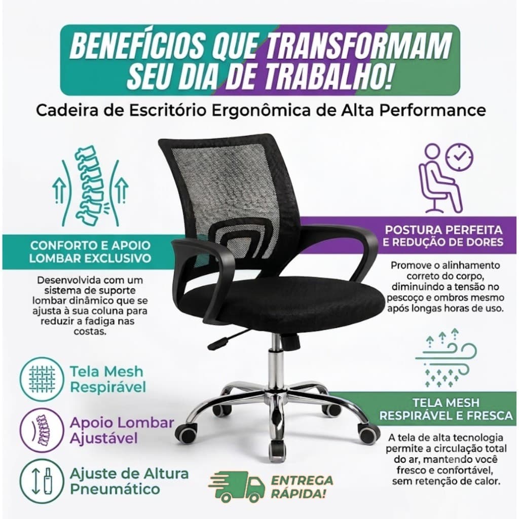 Cadeira Ergonômica Mesh para Escritório Home Office Giratória com Apoio Lombar