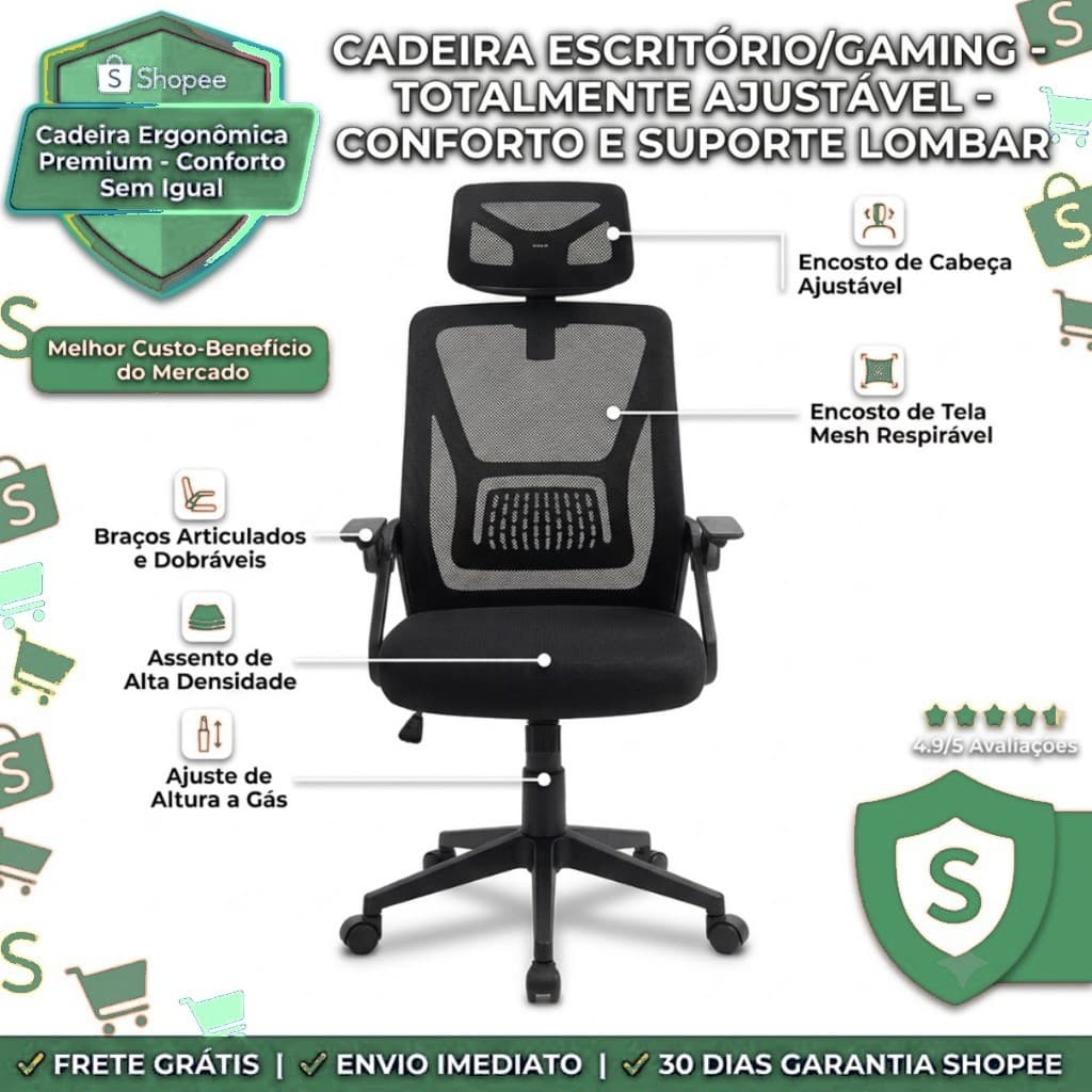 Cadeira Ergonômica Mesh Reclinável Escritório Home Office Tilt Lock Encosto Cabeça Apoio Lombar