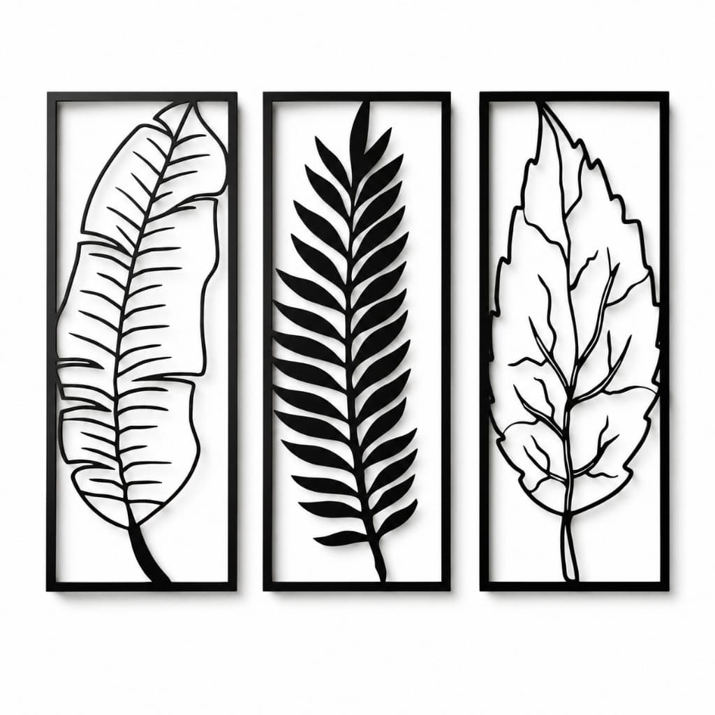 Kit 3 Quadros Folhas MDF Preto 3mm Decoração Parede Moderna