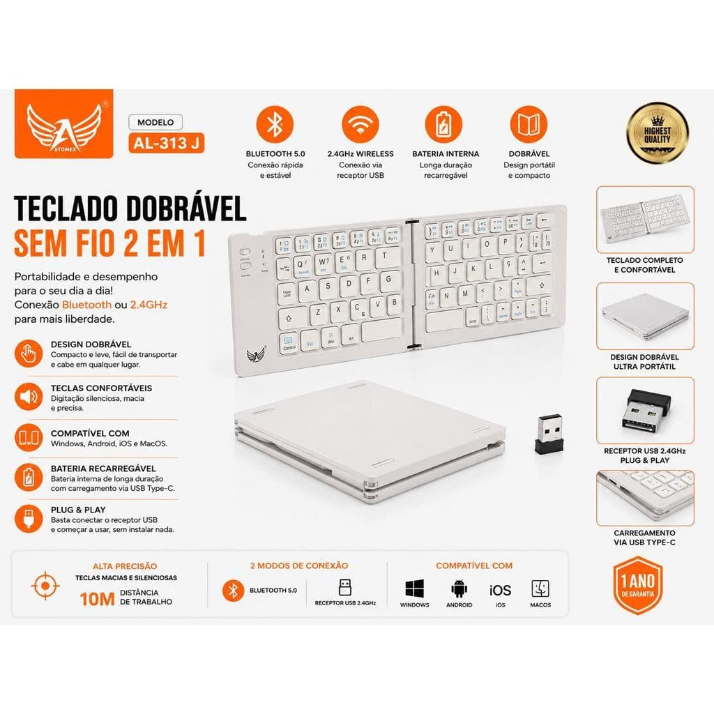 Teclado Bluetooth Dobrável Recarregável Sem Fio Portátil Compatível Android iOS Windows e Tablet