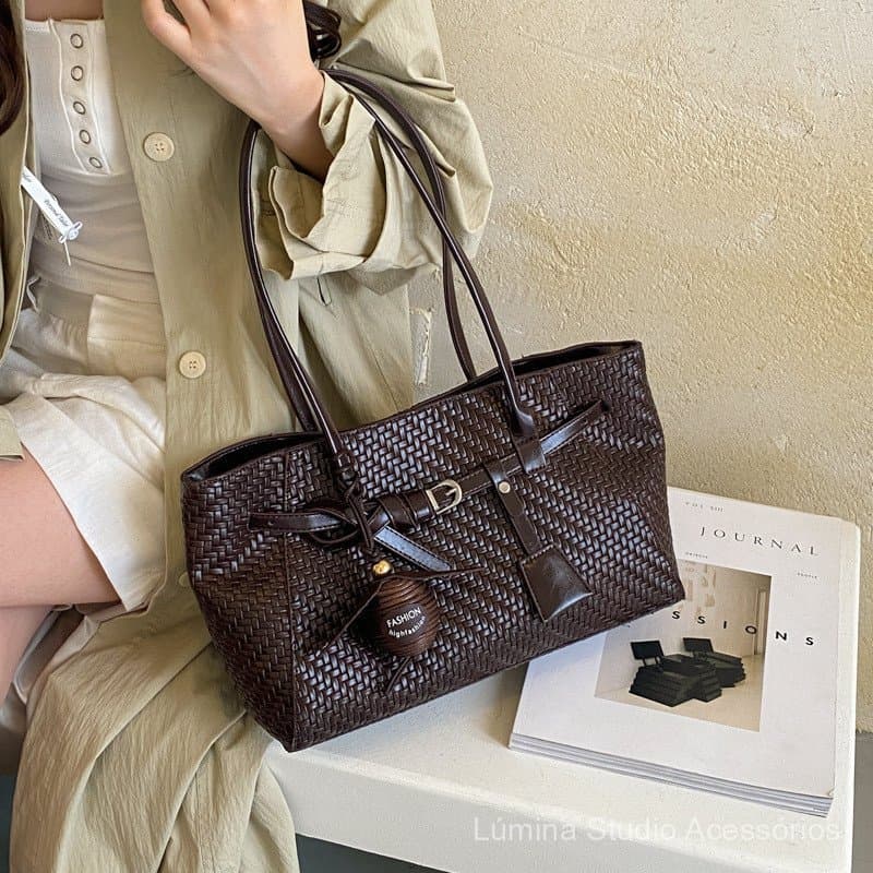 Bolsa tote tecida com design exclusivo para trabalho e deslocamento, nova bolsa de ombro grande e versátil, tendência 20