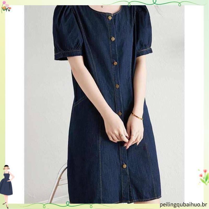Francês Retro High-End Denim vestido feminino verão novo estilo único Breasted cintura estreita mais magro olhar elegant
