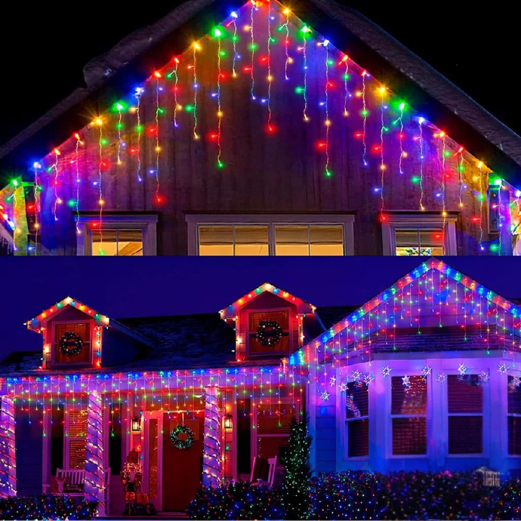 Kit 2 Cascatas LED de Natal 100 Leds Colorido Fio Transparente 2,3 M Luz Enfeite Natalino Decoração