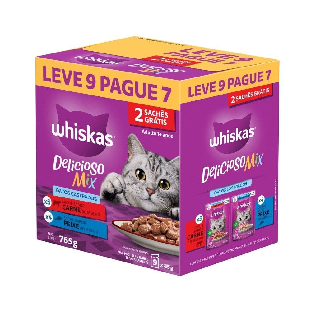 Ração Úmida para Gatos Whiskas Delicioso Mix Adulto Sabor Carne ao Molho 5 Sachês e Peixe ao Molho 4 Sachês de 85g cada