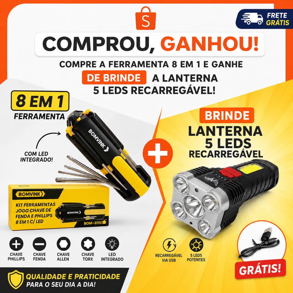 Ferramenta 8 em 1 Jogo Chaves Fenda Phillips Com LED + Pilhas + Lanterna Recarregável 5 LEDs