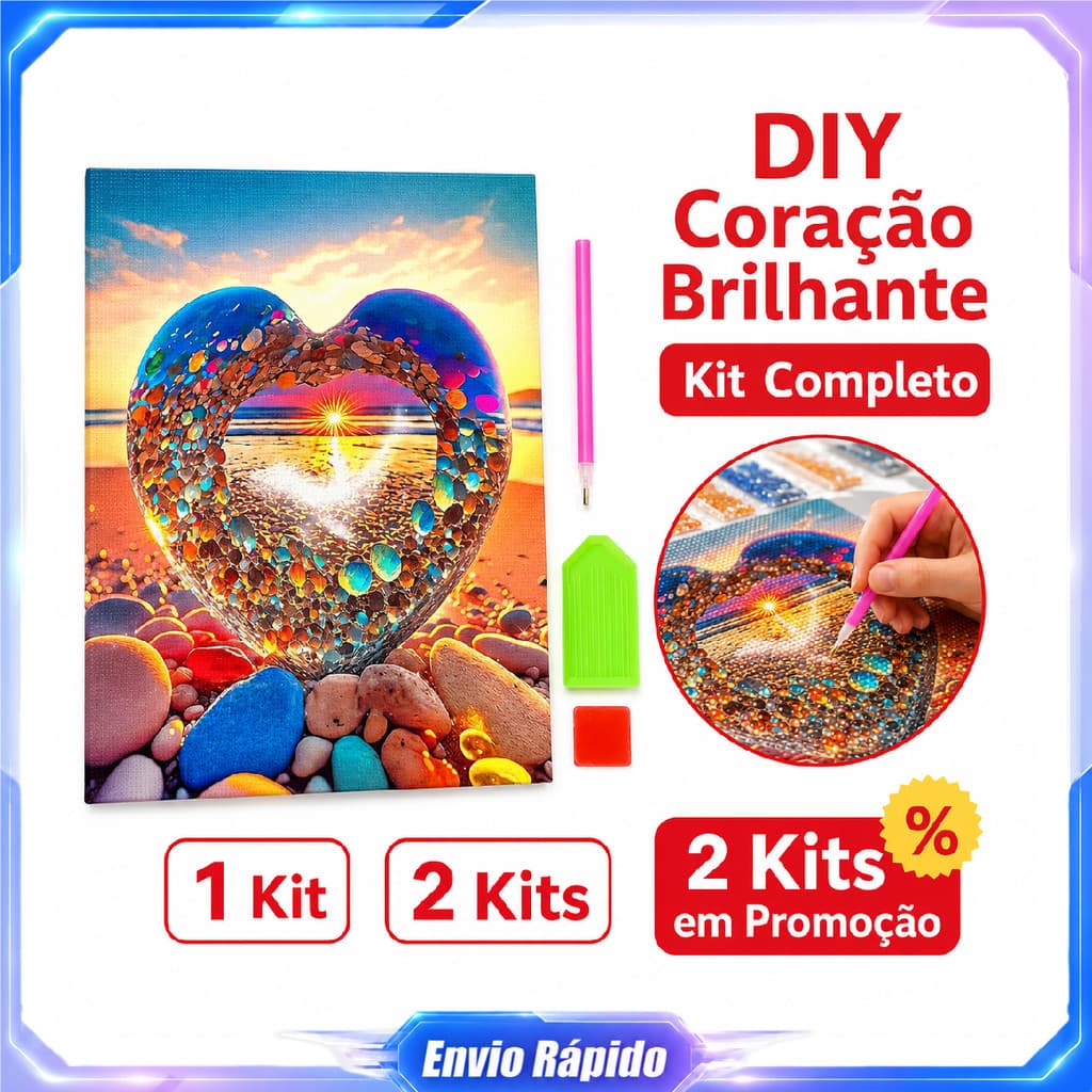 Kit pintura diamante DIY coração colorido tamanho 40x30cm com tela caneta bandeja e massa adesiva completos