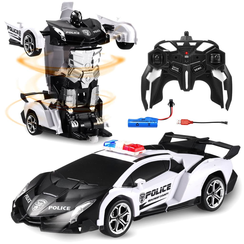 JogoJunto Carrinho Controle Remoto Robô Transformável 2 em 1 Vira Robô RC 2.4GHz Luzes LED Recarregável Branco