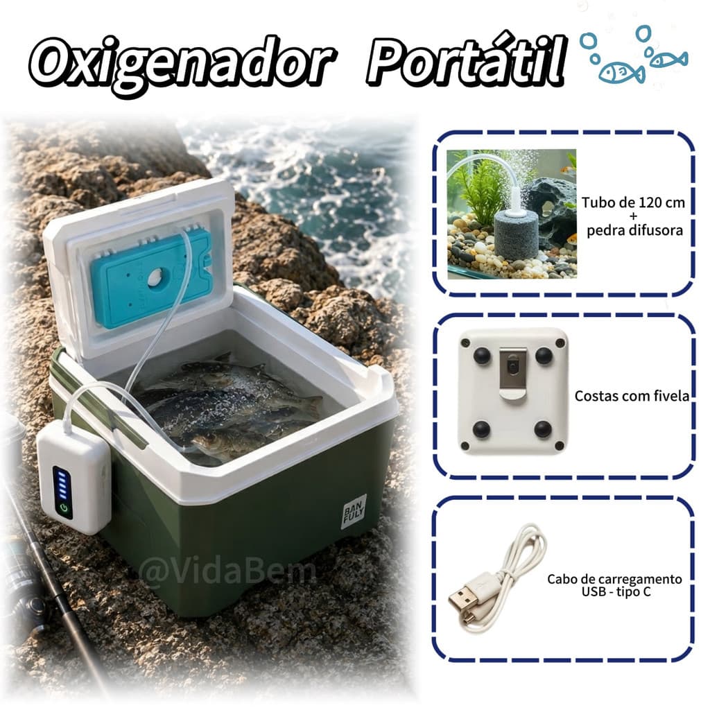 Mini Bomba de Oxigenação Portátil para Pesca Aquário Caixa Térmica com Mangueira
