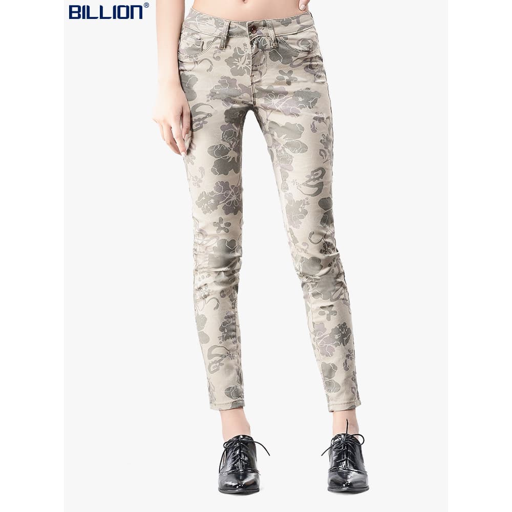 Bilhões de outono cor Jeans feminino estiramento fino ajuste moda camuflagem impresso branco leopardo impressão nacional