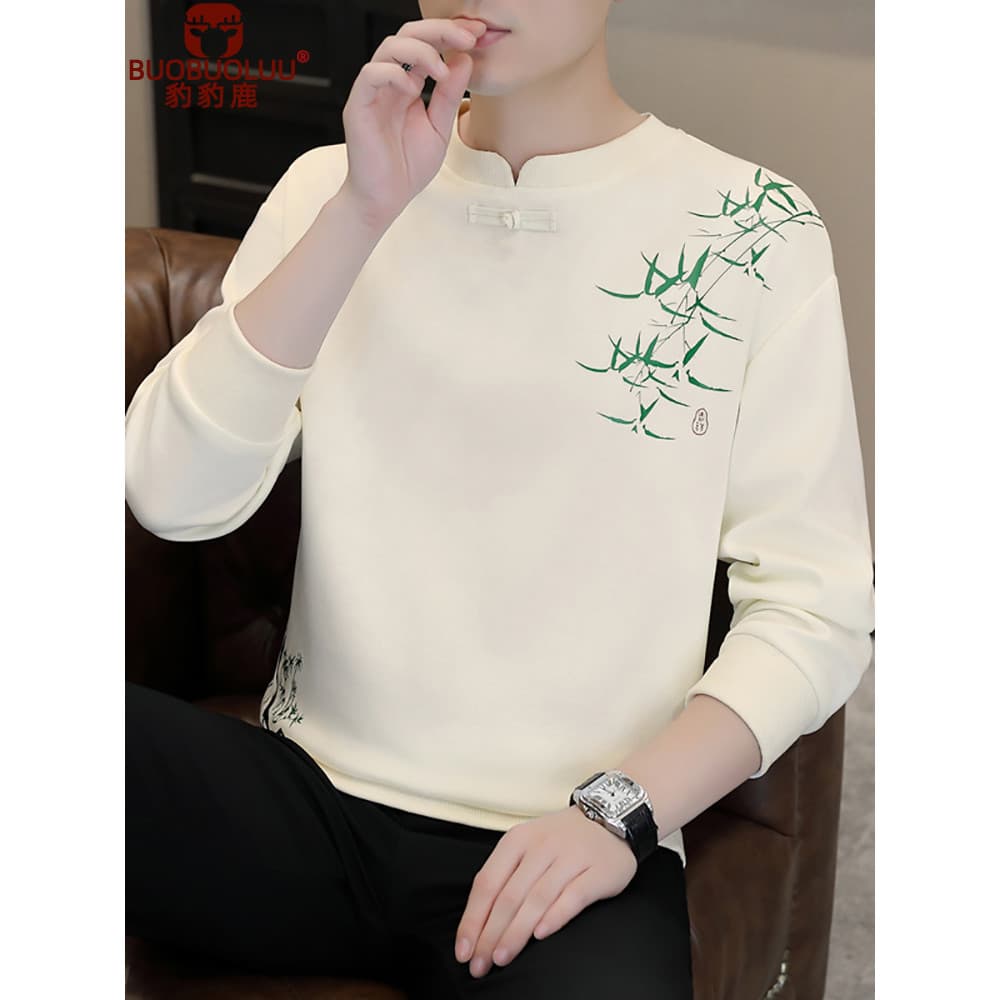 Estilo chinês moletom masculino primavera outono 2024 novo estilo Street Wear em torno do pescoço de manga comprida cami