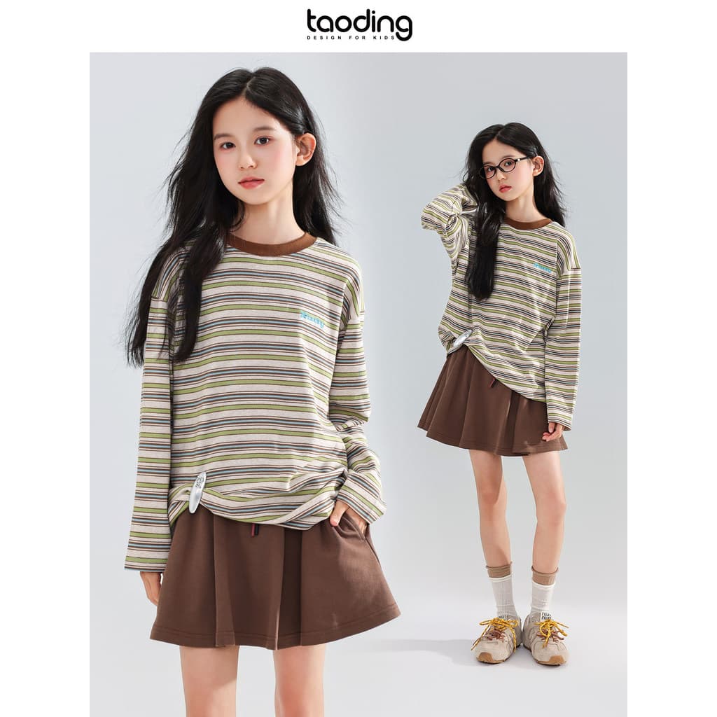 Taoting meninas listrado manga comprida camiseta outono meninas solto estilo ocidental Casual All-Match preguiçoso peque