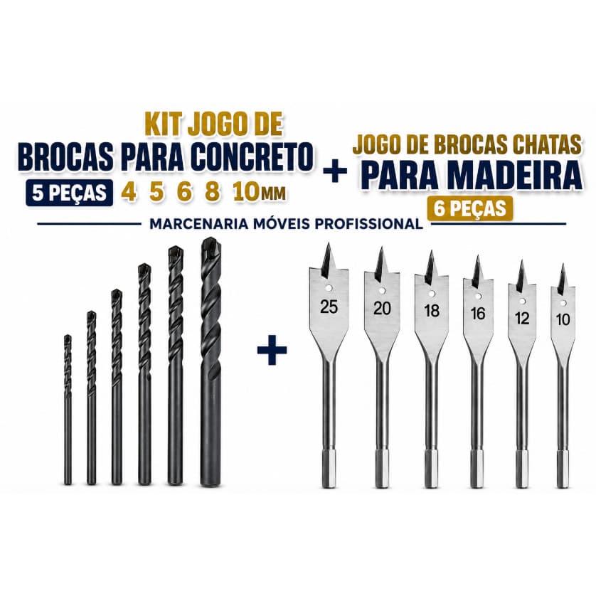 Kit Jogo de Brocas para Concreto 5 Peças 4 5 6 8 10mm + Jogo de Brocas Chatas para Madeira 6 Peças