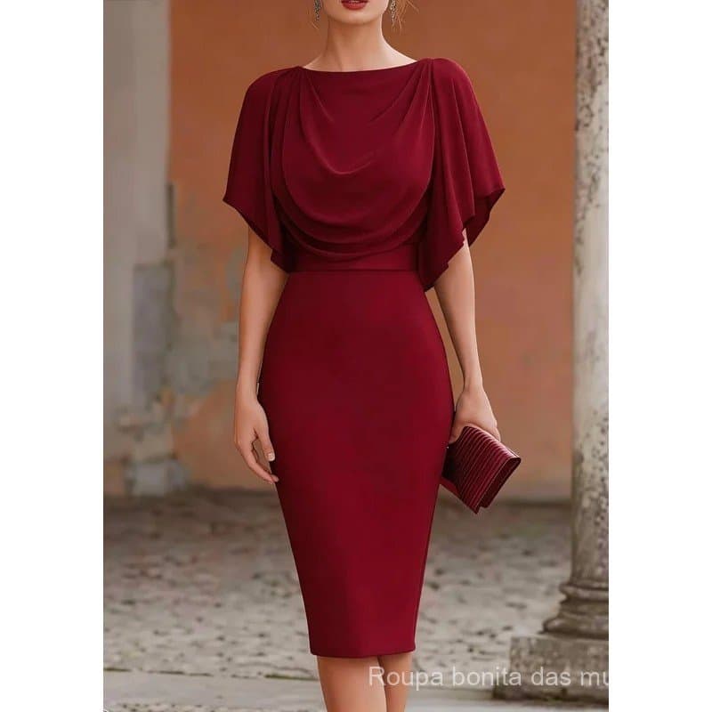 Vestido Midi Feminino de Manga Curta com Decote Drapeado e Saia Justa, Elegante para Festas e Coquetéis