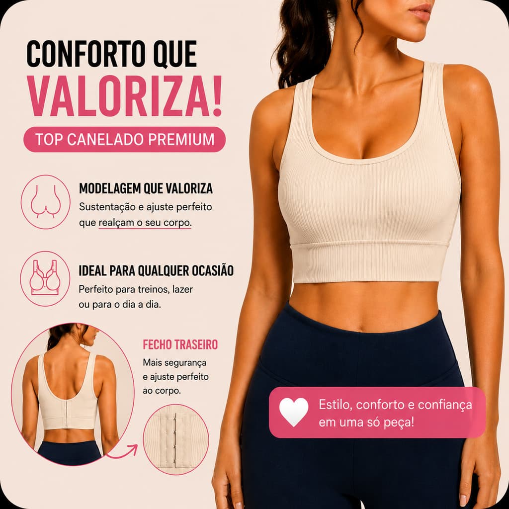 Kit 3 Top Feminino Academia Sutiã Canelado Premium Fecho Fit