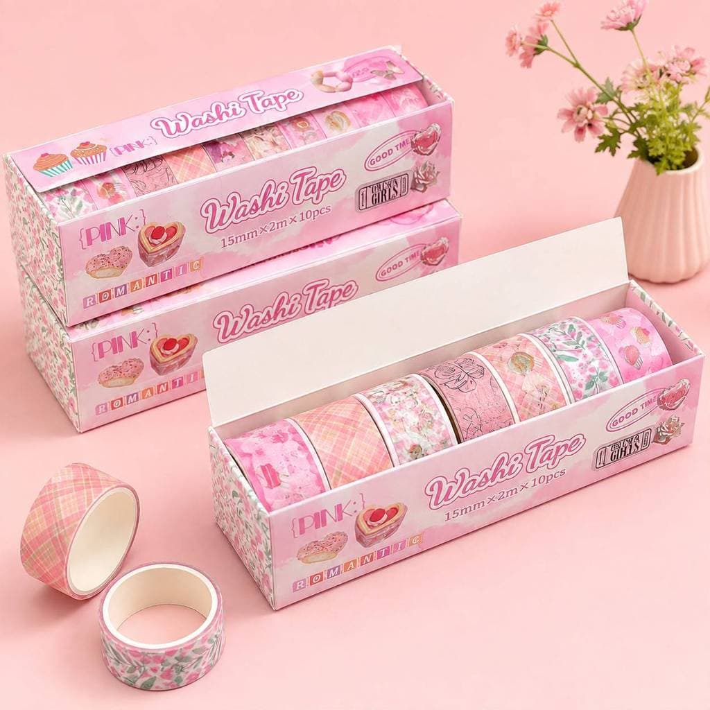 Kit Washi Tape Decorativa 10 Rolos 15mm x 2m | Fita Adesiva Rosa com Flores, Folhas, Borboletas e Doces