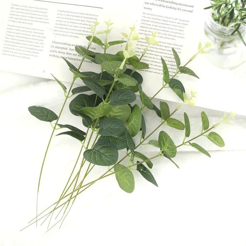 50 peças embalagem simulação folhas de eucalipto flores falsas simulação plantas verdes simulação de casamento acessório