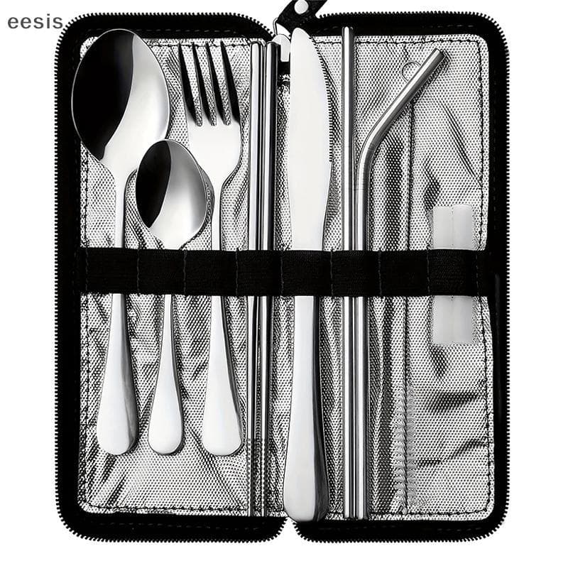 eesis 10 Pçs Utensílios Portáteis De Viagem Acampamento Conjunto Talheres Aço Inoxidável Garfo Colher Costeletas Palha E