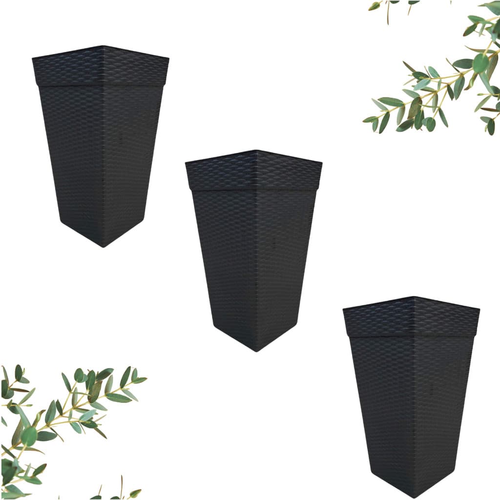 Kit 3 Vasos Grande Quadrado Rattan Para Flores e Plantas 10 Litros - Preto